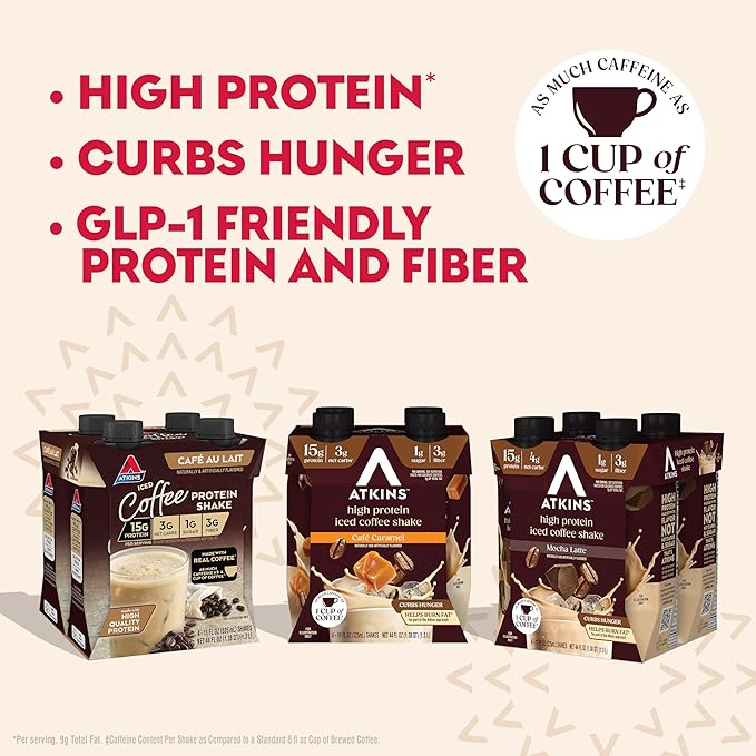 Atkins Coffee Lovers Protein Shake Variety Pack, Mocha Latte, Café Caramel and Café au Lait Flavored Protein Shakes, 15g Protein, 3g Fiber, GLP-1 Friendly, 12 Count