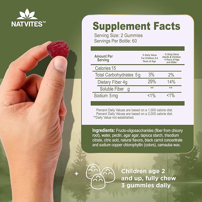 Prebiotic Kids Fiber Gummies, for Children Ages 2 & Up - Sugar Free Vegetarian Gelatin Free Non-GMO, Kids Fiber Supplements for Digestive Health (120 Count)