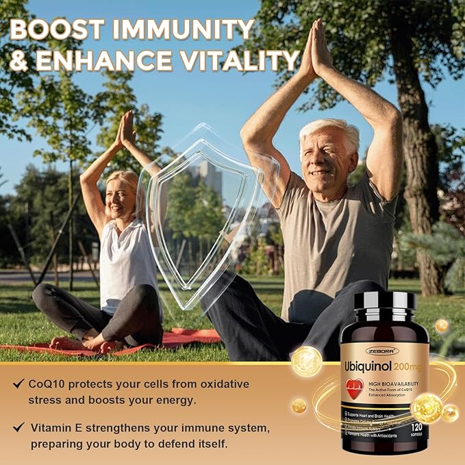 ZEBORA Ubiquinol CoQ10 200mg Softgels, 4-in-1 Powerful Antioxidant for Heart and Vascular Health, Essential for Energy Production, Max Absorption Active Form of CoQ10, 120 Softgels