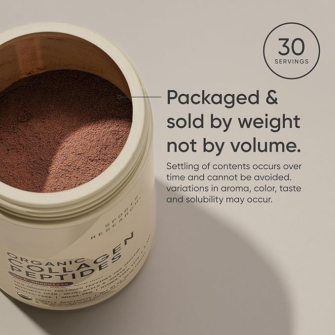 Sports Research Organic Collagen Peptides - Hydrolyzed Type I & III Collagen - Sustainable & Traceable Formula - Chocolate - 30 Servings