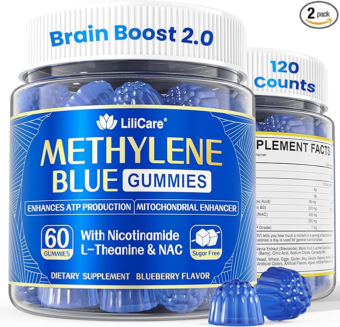 LILICARE Methylene Blue Gummies for Humans | Upgraded High-Potency Antioxidant & Brain Booster Supplement for Cognitive, Energy, Cellular& Mitochondrial Health | Fast-Absorbing, Vegan, 120 Counts