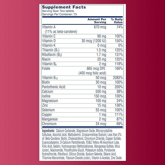 One A Day Proactive 65+, Mens & Womens Multivitamin, Supplement with Vitamin A, C, D, and Zinc to Support Bone Health & Cell Health, Calcium, Folic Acid, Tablet 150 Count
