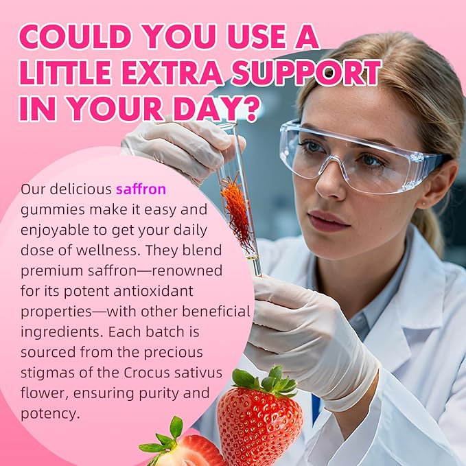 Saffron Gummies for Adult Kids - with Saffron 88.5mg, Vitamins D3 & B6, Magnesium, Zinc, Ashwagandha, L - Theanine, St. John's Wort - Supports Mood & Focus, Strawberry Flavor, 120 Count