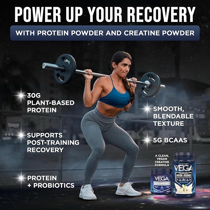 Vega Creatine Monohydrate Powder 17.6oz (100 Servings) & Vega Sport Protein & Recovery Vanilla Protein Powder 1.8lbs - Plant-Based Protein and Muscle Support