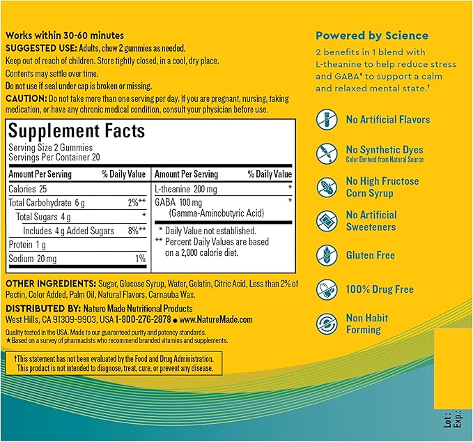 Nature Made Wellblends Stress Relief Gummies, L theanine 200mg to Help Reduce Stress, with GABA 100mg, Same Day Stress Support, 40 Strawberry Flavor Gummies
