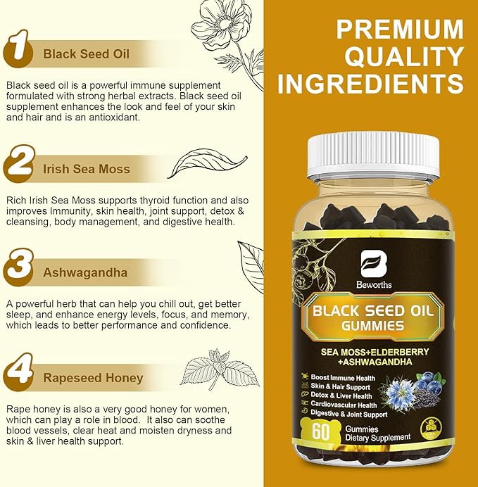 Black Seed Oil Gummies with Ashwagandha & Irish Sea Moss & Elderberry – Immune Support Supplement with Vitamin C, D3, Zinc, Nigella Sativa Black Cumin Gummy for Hair Growth & Joint Health - 60 Vegan