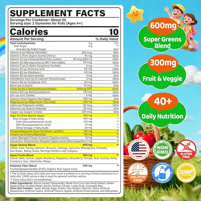 Kids Super Greens Gummies, w/Multivitamins, 20+ Veggie Fruit, Prebiotics, Calcium, Omega-3 (DHA/EPA), Kids Vitamins Greens Superfood Gummies for Picky Eaters Growth, Energy, Immune, Digestion, 1 Pack