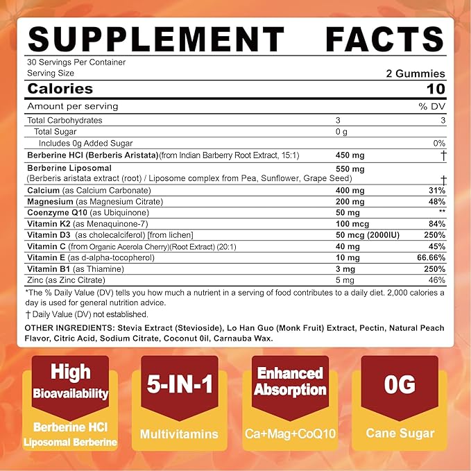 LILICARE Berberine Supplement Gummies Sugar Free, Extra Absorption with Liposomal Berberine & Berberine HCI, Calcium, Magnesium, AMPK Activitor for Sugar & Level, Immune, Energy, Metabolism -Pack of 2