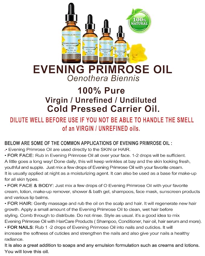 Botanical Beauty EVENING PRIMROSE OIL 100% Pure Natural Undiluted Unrefined Virgin Cold Pressed Carrier Oil. 0.5 Fl.oz.- 15 ml for face, skin, hair, nails. Rich in essential fatty acids GLA