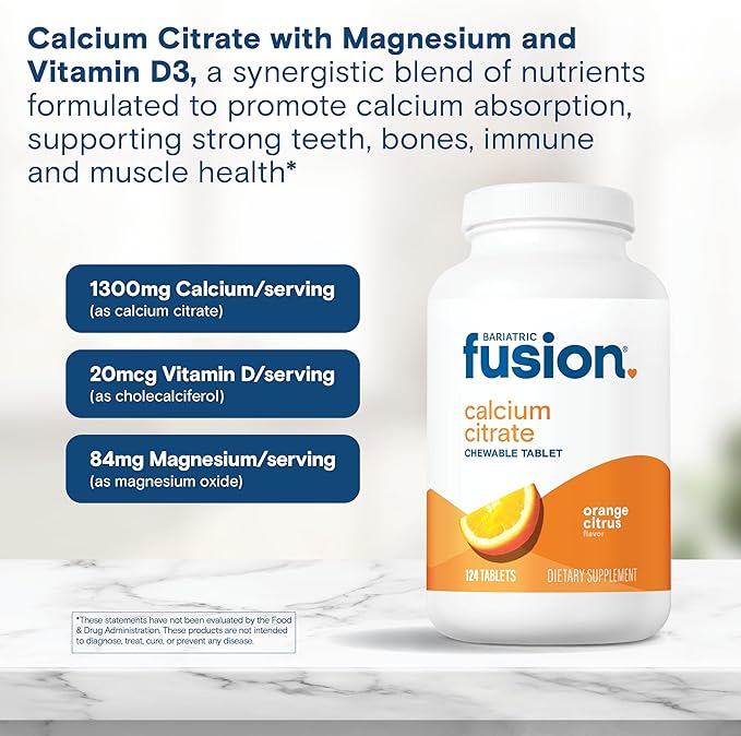 Bariatric Fusion Calcium Citrate Chewable Tablet | Orange Citrus Flavored | Chewable Calcium Citrate | Bone Health Support* | Gluten, Dairy and Soy Free | Non-GMO | 124 Count