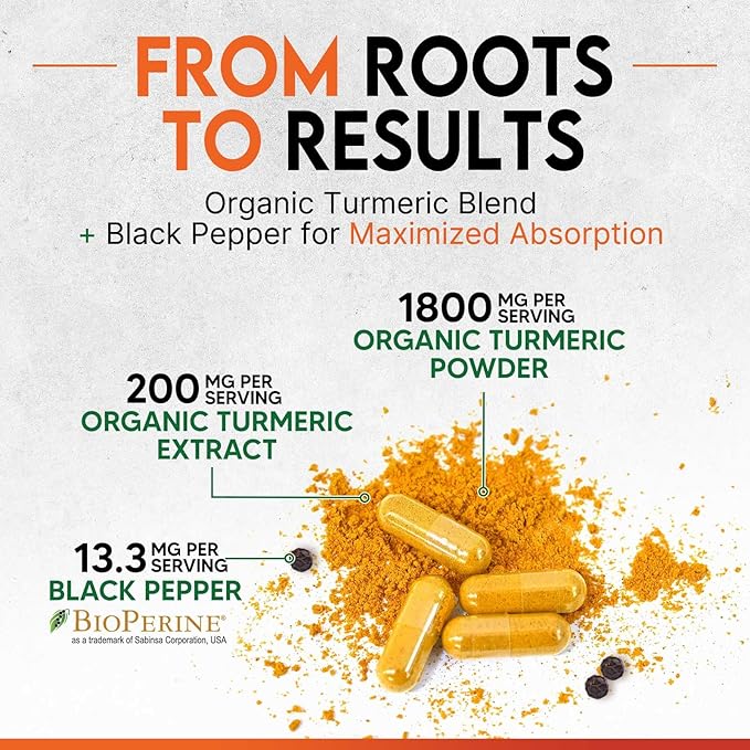 Turmeric Curcumin Supplement - 1800mg Organic Turmeric Per Serving - 95% Curcuminoids & BioPerine Black Pepper Extract for Best Absorption - Natural Vegan Joint Support, Bottled in USA - 360 Capsules