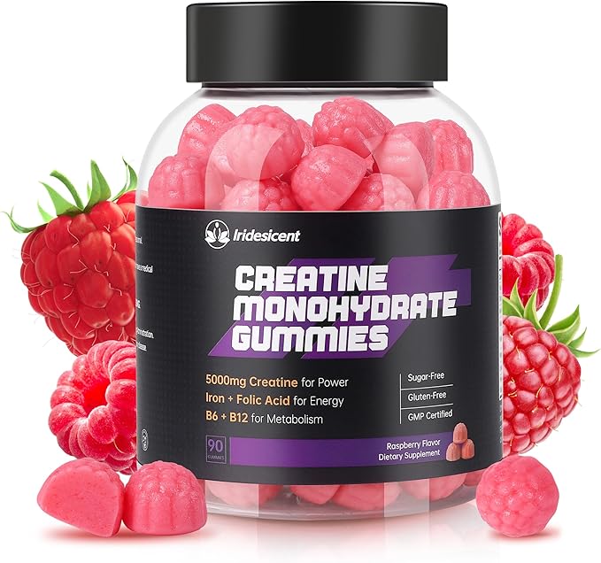 Creatine Monohydrate Gummies 5000mg w/Iron, Vitamin B6 & B12, Sugar Free 5g Creatine Supplements for Women and Men Boost Energy & Muscle Recovery - 90 Raspberry Gummies