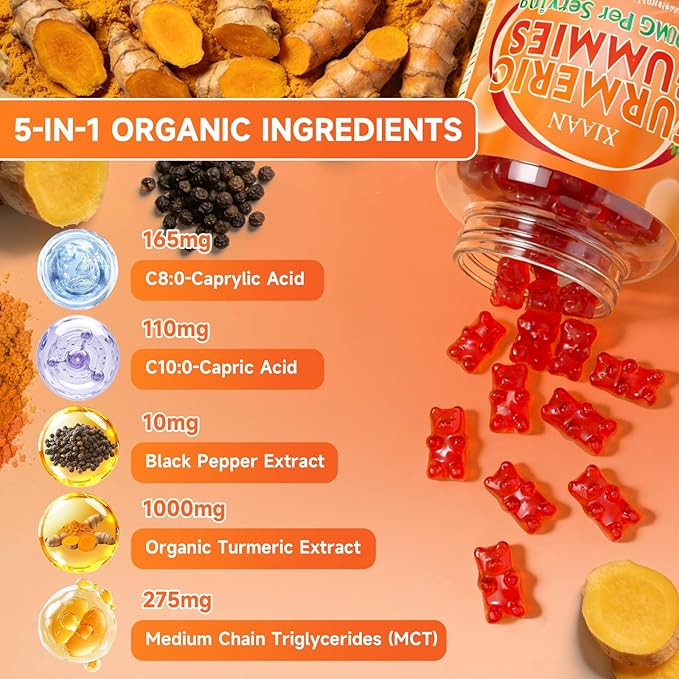 Turmeric Gummies 1000mg, Organic Turmeric Curcumin Supplement with Black Pepper for Immune & Muscle Support, Sugar-Free/Vegan/Gluten-Free, Strawberry Flavor 60 Count