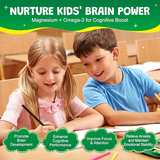 Magnesium Glycinate Gummies for Kids & Adults - Sugar Free Magnesium Malate with L-Theanine, Omega-3, Vitamin D3, B6, B12, C- Sleep, Calm, Relaxation, Brain, Bones, Green Apple & Kiwi, 60ct (2 Pack)