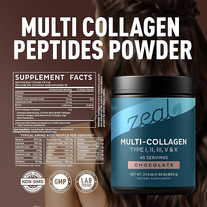 Zeal Naturals Multi Collagen Protein Peptides Powder Types I II III V X - Vitamin C, Biotin & Hyaluronic Acid - Hair, Skin & Nails - Marine, Bovine, Chicken & Eggshell - Chocolate, 45 Servings