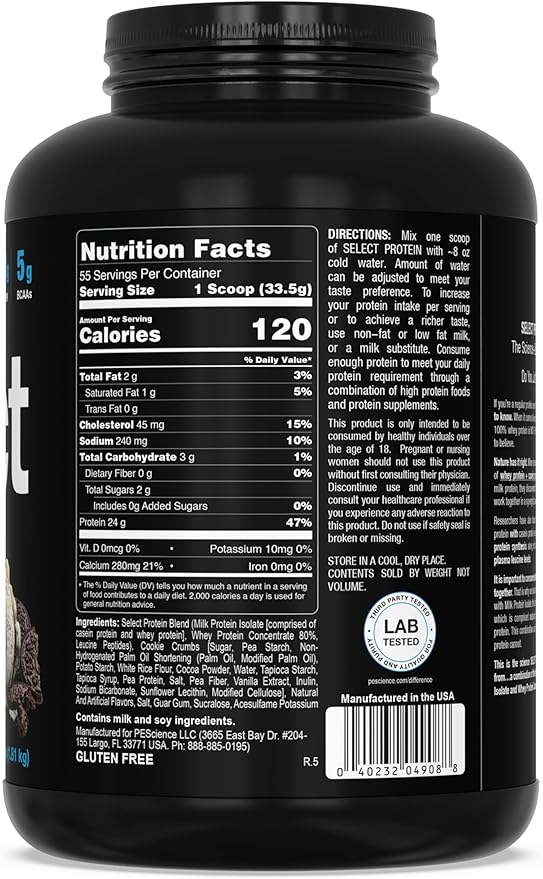 PEScience Select Protein Powder, Whey and Casein Blend, Lean Protein Powder for Women and Men, Low Calorie, Low Carb, Keto Friendly, Gluten Free, Cookies and Cream - 55 Servings