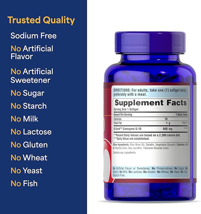 Puritan's Pride Coenzyme CoQ10 600mg, Dietary Supplement for Heart Health, Blood Pressure, Oral Gum Health, and Healthy Aging Support, 60 Day Supply, Rapid Release Softgels