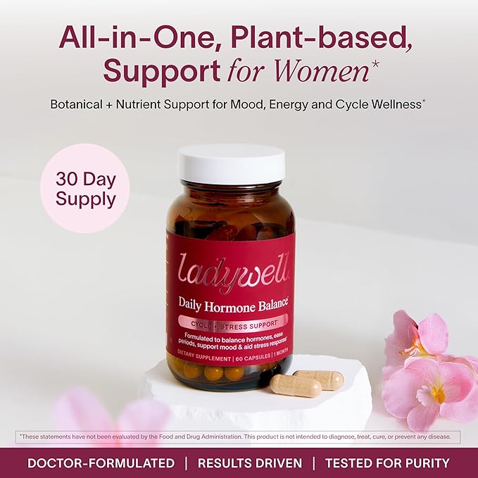 Ladywell Daily Hormone Balance Capsules | Natural Cycle Support for Women | Supports Mood, Bloating, Cramps, Skin Health & Cravings | with Chasteberry, B Vitamins, Ashwagandha, Saffron & More | 60 Ct