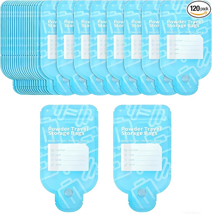 Protein Powder Travel Container Bags, Leakproof Bottle-Shaped Disposable Powder Travel Storage Bags for Gym, Workouts, Outdoor | Mess-Free Supplement Storage Solution (120)