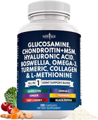 Glucosamine Chondroitin, MSM, Turmeric Curcumin, Collagen, Hyaluronic Acid, Omega 3 – Joint Health Supplement for Men & Women – 120 Count