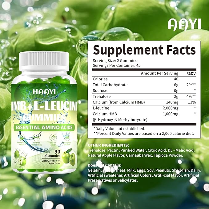 HMB and L-Leucine Gummies, 3000mg,Sugar Free,HMB Supplements for Men&Women with Trehalose, for Muscle Growth, Muscle Relief and Workout Recovery, Apple Flavor, 90 Gummies