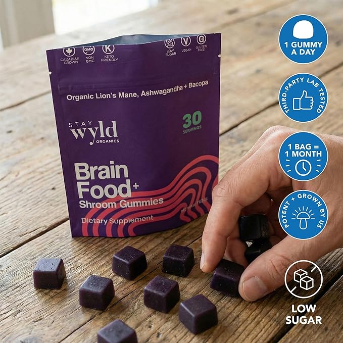 Stay Wyld Organics Brain Food+ Mushroom Gummies, 30 Servings, Organic Lion's Mane, Ashwagandha & Bacopa Gummies for Brain Health & Focus - Gluten-Free & Vegan Shroom, Lions Mane Mushroom Supplement
