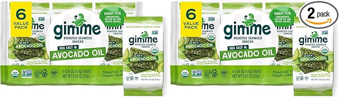Gimme Seaweed Organic Premium Roasted Seaweed Snacks,Sea Salt & Avocado Oil,Keto,Vegan,Gluten-Free,Great Source of Omega3s and Iodine,Healthy On-The-Go Snack for Kids and Adults,6 Count (Pack of 2)