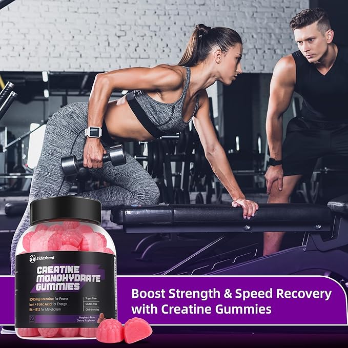 Creatine Monohydrate Gummies 5000mg w/Iron, Vitamin B6 & B12, Sugar Free 5g Creatine Supplements for Women and Men Boost Energy & Muscle Recovery - 90 Raspberry Gummies