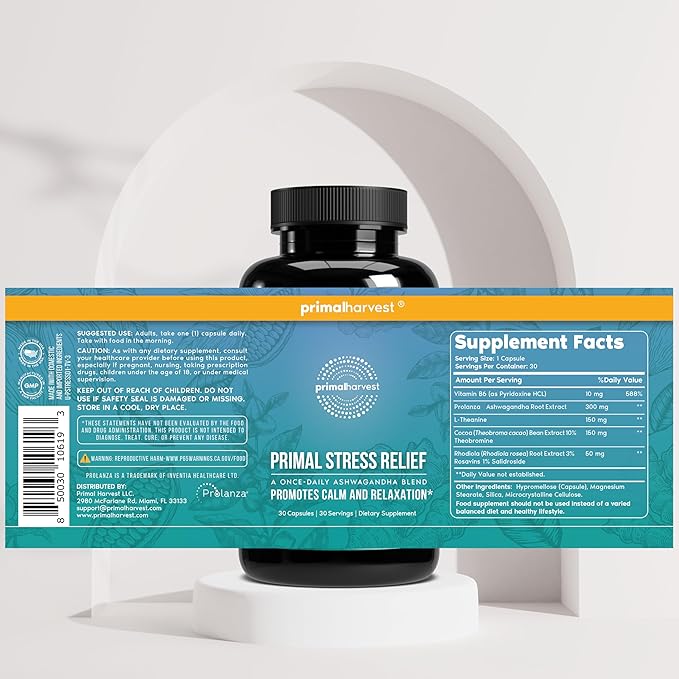 Primal Harvest Stress Relief Supplement for Women and Men Pure Ashwagandha Root Extract, L-Theanine Supplements, 60 Capsules