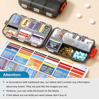 14 Grids Travel Pill Organizer Box with 415-Pcs Medicine Name Labels - Pocket Daily Pharmacy Case Container Kit - Travel Medication Holder Dispenser for Fish Oil Vitamin Supplement Storage -Clear Grey