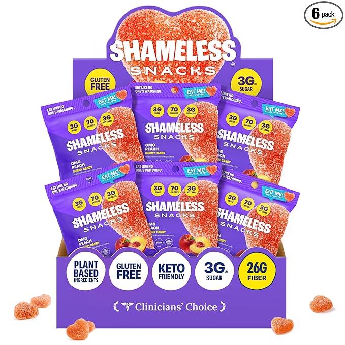 Shameless Snacks - Healthy Low Calorie Snacks, Low Carb Keto Gummies (Gluten Free) - 6 Pack OMG Peach