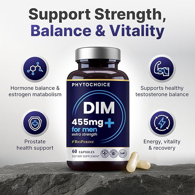 DIM for Men 350mg High Potency with BioPerine® & Broccoli Extract – 455mg Total Complex for Estrogen Balance & Hormone Optimization, Advanced DIM Supplement for Men, Clean Absorption Formula, 60 Caps