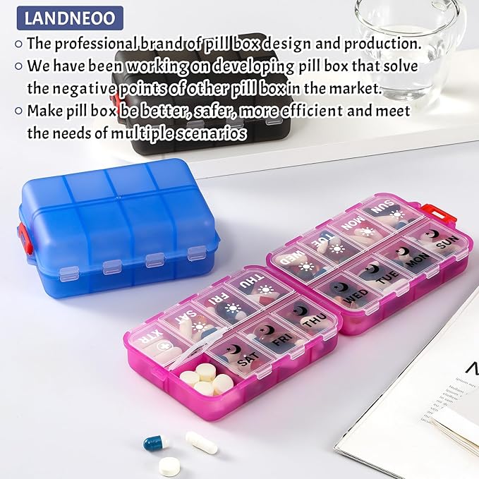 Foldable Weekly Pill Organizer 2 Times a Day with 2 Extra Compartments (Clear Printed Labels) - 7 Day AM PM Medicine Box, Week Daily Travel Pill Case Holder for Vitamin, Supplement - Clear Purple