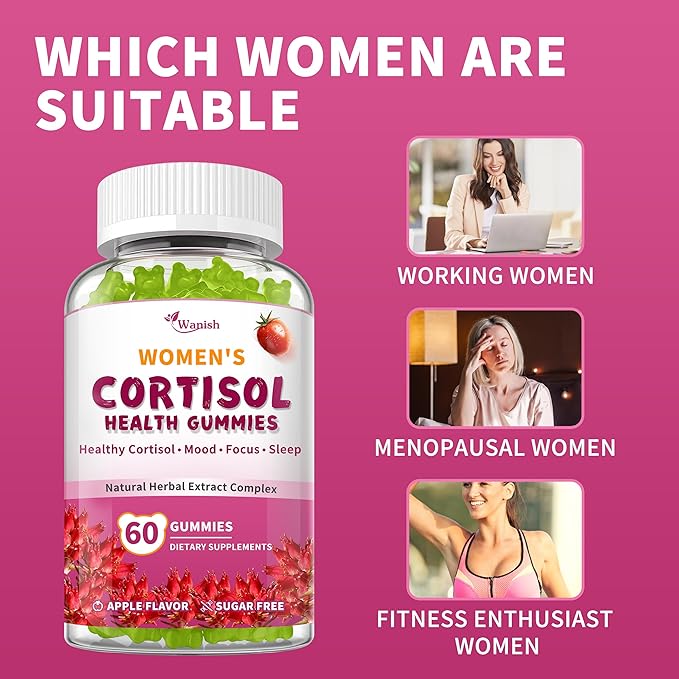 Cortisol Gummies For Women- Promote Relaxation and Support Mood- Natural Ingredients with Ashwagandha, Rhodiola Rosea, etc. Cortisol Manager Gummies for Adrenal Support,Vegan,Apple Flavor,120 Count