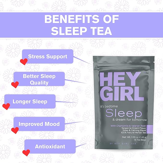 Hey Girl Sleep Tea - Natural Herbal Bedtime Tea Bags with Chamomile, Passion Flower, Valerian Root, Lemon Balm - Calming, Relaxing Adults Sleepy Night Time Tea - Relaxation Gifts for Women 3-packs