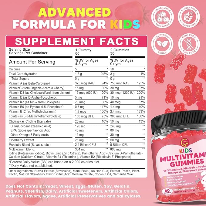 Kids Methylated Multivitamin Gummies with Omega 3, Multivitamin for Kids & Teens 4+ w/L Methylfolate & B12, Calcium, Probiotics, Elderberry, 16 Vitamins for Healthy Growth, Immune Support, Sugar Free