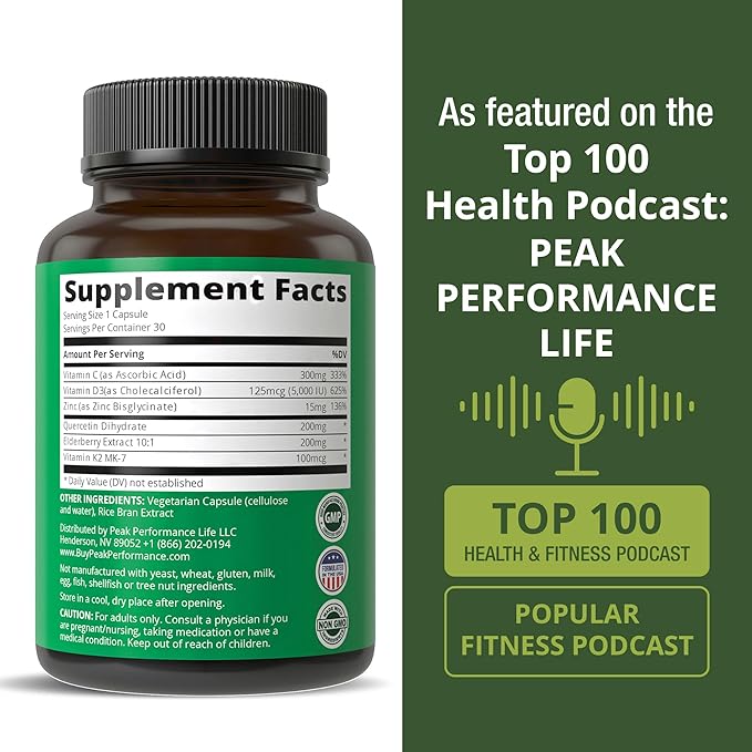 Peak Performance Immune Support Supplement - 6 Top Ingredients Vitamin D3 K2, Vitamin C, Elderberry, Zinc, Quercetin - Includes 5000 IU Vitamin D - Immunity Capsules - Supplements for Women and Men