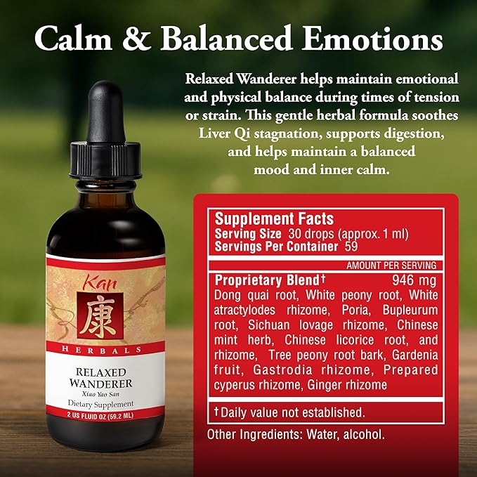 Kan Herbs Company Relaxed Wanderer – Traditional Chinese Herbal Formula to Support Mood, Digestion, and Menstrual Balance, Nourishes Blood, Eases Occasional Tension and Fatigue, 2 fl oz