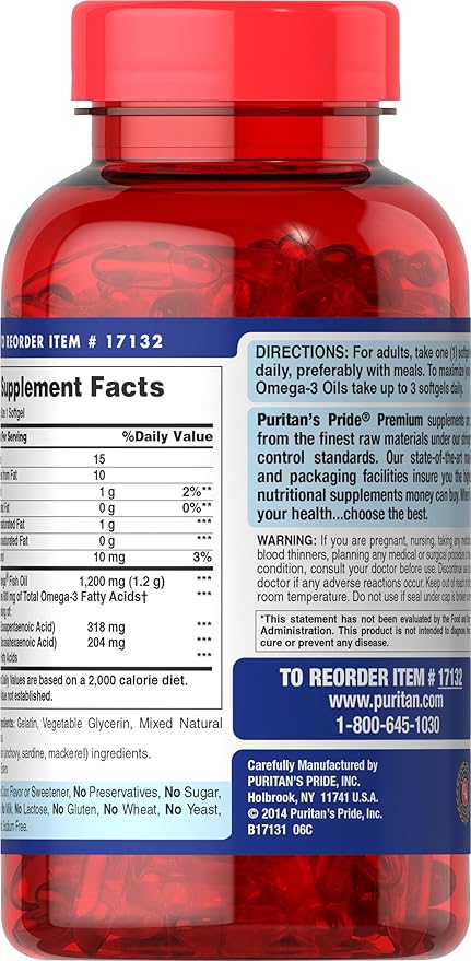 Puritan's Pride Omega-3 Fish Oil 1200 Mg, 180 Count