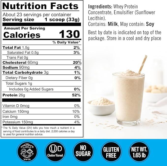 Unflavored Whey Protein Powder. 25g Protein Shake for Post Workout Recovery, Smoothie & Baking. Gluten & Sugar Free, Highly Kosher, Essential Amino Acids (5.5g BCAA, 2.7g Leucine), 1.65lbs 23 Servings