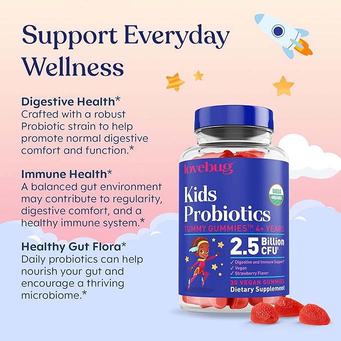 LOVEBUG Kids Probiotic Gummies – Organic Chewable Probiotics for Kids Aged 4+, Soil-Based Children’s Probiotic for Gut Health, Constipation, Digestive & Immune Support, Vegan, 30 Chews, Strawberry