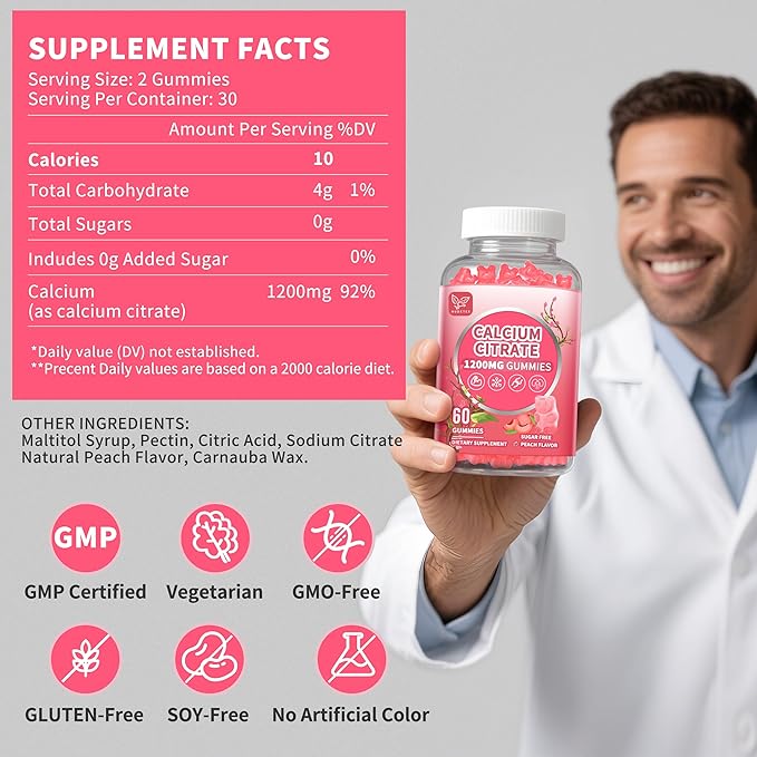 (3 Pack) Calcium Citrate 1200 mg Gummies for Women & Men,Calcium Supplements for Women,High Absorption for Bone Muscle Healthy - Easy to Digest, Sugar Free,Vegan,Peach Flavor,90 Day Supply