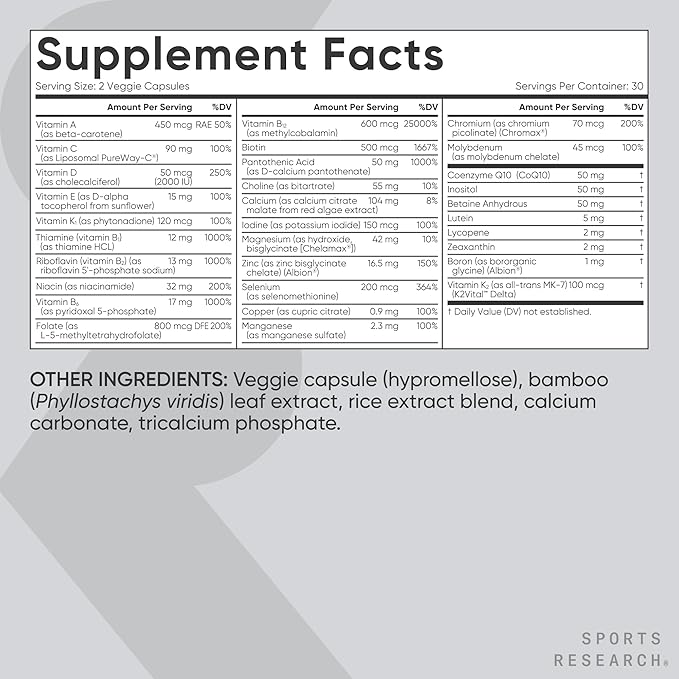 Sports Research® Multivitamin – Advanced Formula - 23 Essential Vitamins & Minerals with CoQ10 & Iodine - Daily Nutrient Support*- Non-GMO Tested & Gluten-Free -60 Veggie Capsules