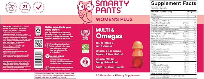 SmartyPants Women’s Multivitamin Gummies, Omega 3 DHA/EPA, Methylfolate, CoQ10, Vitamin D3, C, B12, B6, A, K, Zinc, Three Fruit Flavors, 90 Count (30 Day Supply)