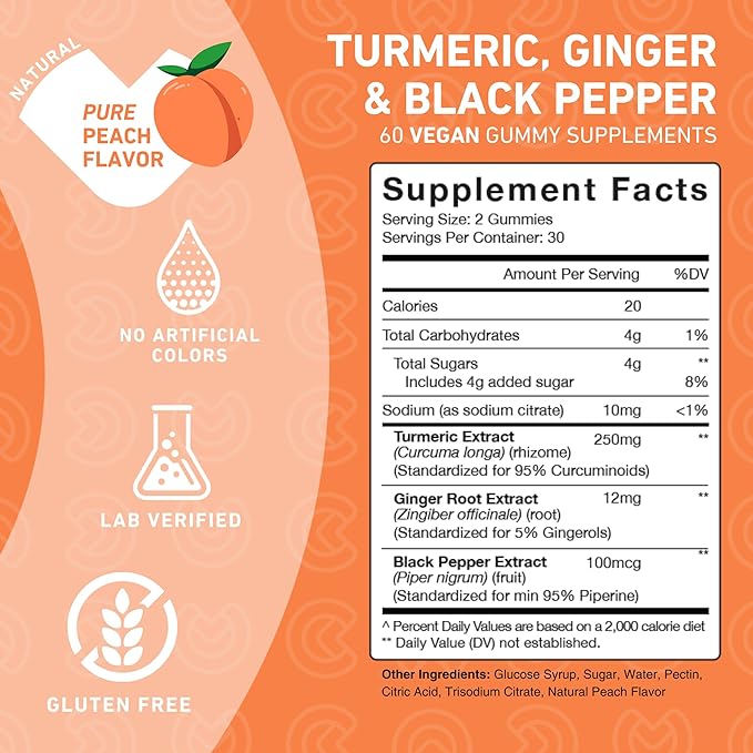 PUREFINITY Turmeric and Ginger Supplement Gummies with Black Pepper, Joint Support Curcumin Chewables with Delicious Flavor – Gluten Free, Non-GMO, Vegan, 60 Count