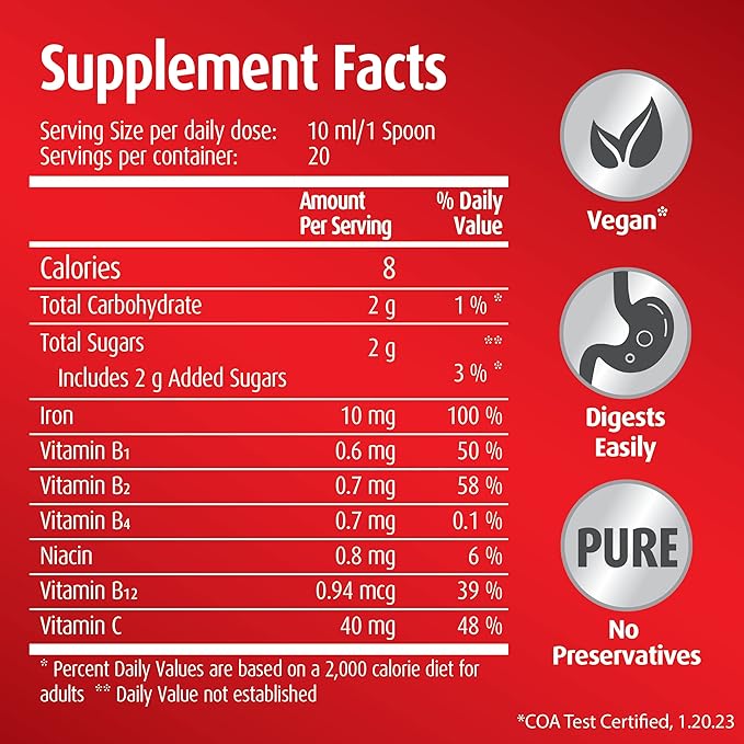 hübner Iron Vital Liquid Iron Supply Plus Vitamin C, Dietary Supplement for Adults and Kids, Vegan and Gluten-Free, Fruit Flavor, Box of 20 Packets, 10 ml Each - 2 Pack (40 Packets)