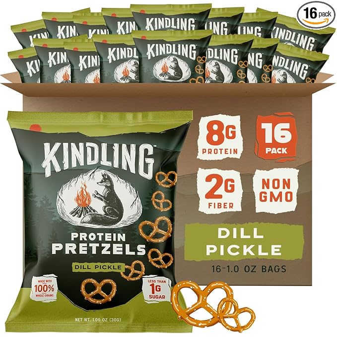 Kindling Protein Pretzels - Dill-Pickle | Protein-Packed Snack Size Bags | Kosher | 8-9g Protein Per Serving | No Artificial Flavors, Soy-Free | Lunches, Office Snacks, & On-the-Go | 16-Count (1.06oz Bags)