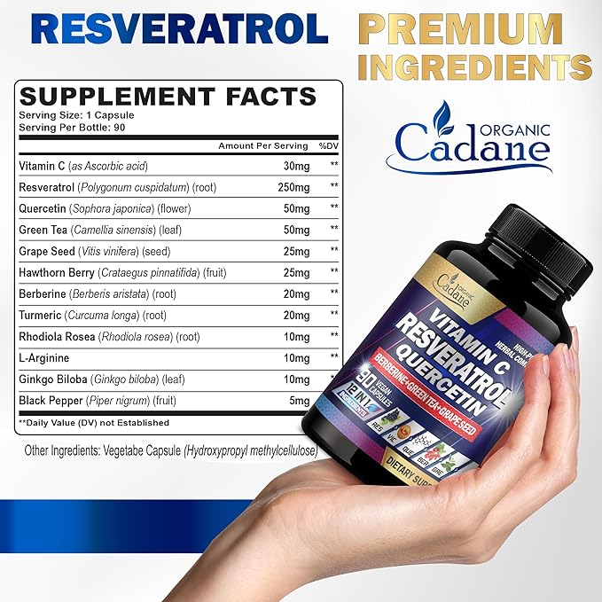 Organic Cadane Resveratrol Supplement - 12in1 Blended with VIT.C, Quercetin, Berberine, Turmeric, Green Tea & More - 90 Capsules 3 Month