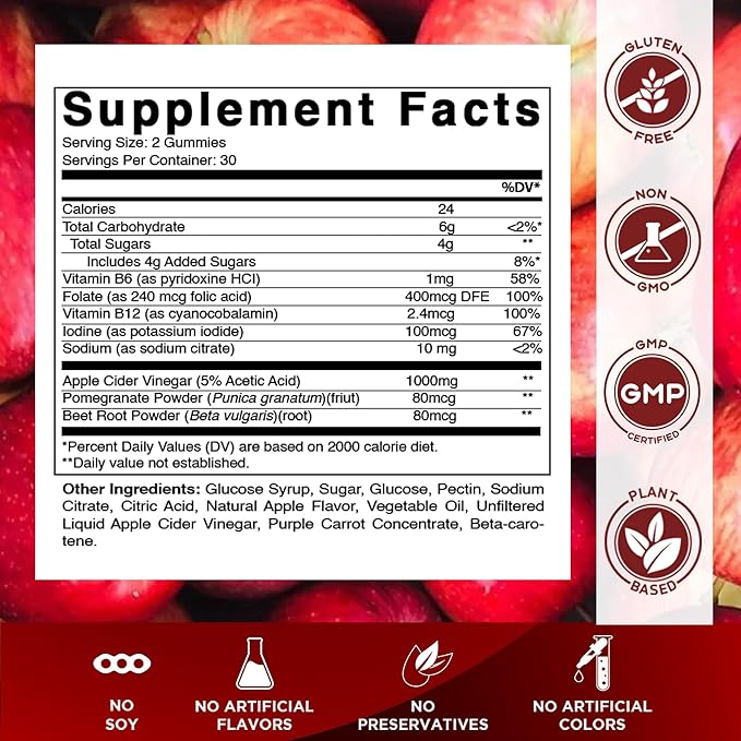 Vitamatic Apple Cider Vinegar Gummies - 1000mg per Serving - 60 Vegan Gummies - ACV Gummies for Detox, Weight Loss Support, Energy Boost, Digestion & Gut Health
