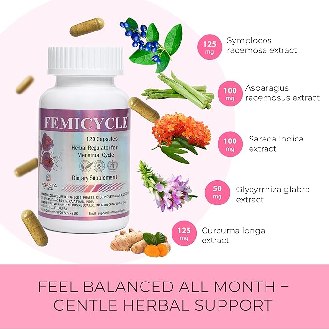 FEMICYCLE Herbal Supplement for Women – PMS, Hormonal & Menstrual Cycle Support – Lodh Tree, Ashoka, Asparagus, Licorice & Turmeric – Period Wellness Formula – 120 Vegan Capsules